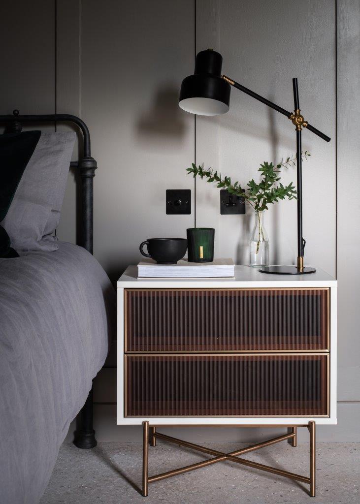 fluted glass bedside table with lamp